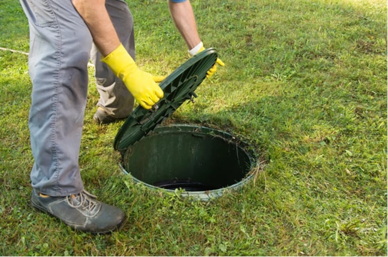 Person in yellow gloves opening a black septic tank cover on a grassy lawn